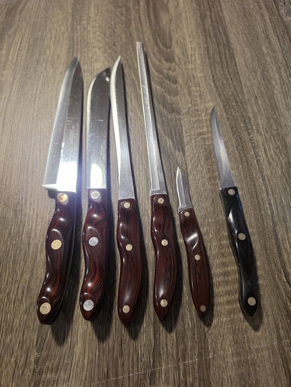 VTG Cutco Lot 6pc Knives w/tray 1022, 23, 24, 1025, 20, 1721 JE Brown Swirl
